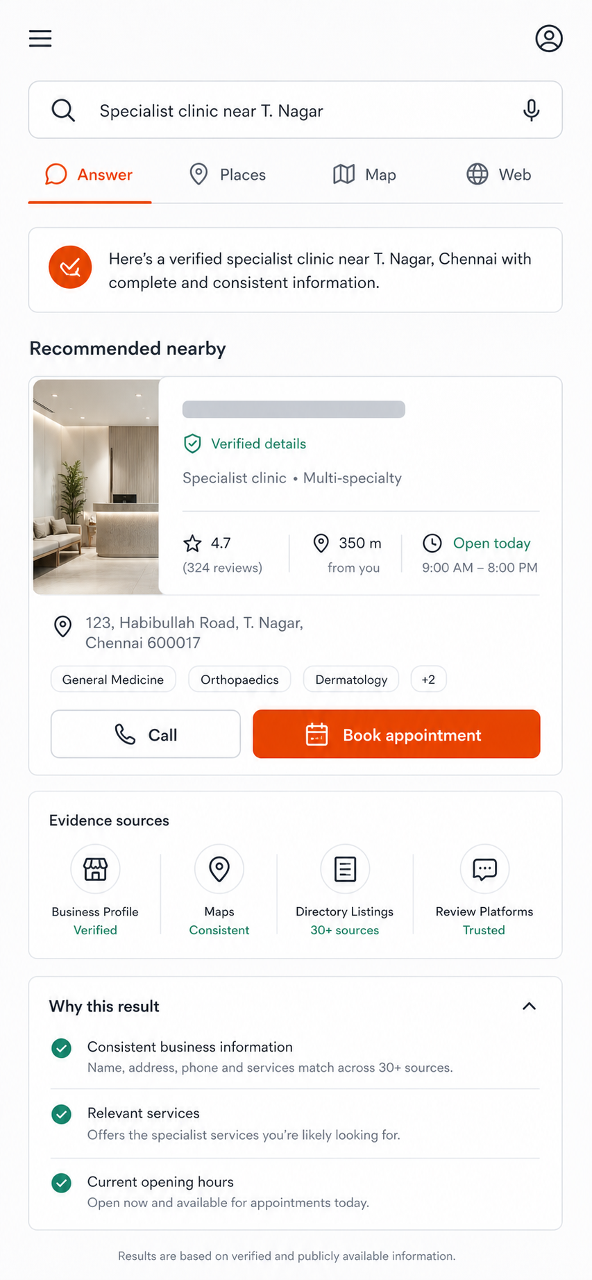 A mobile answer engine result supported by consistent local business information