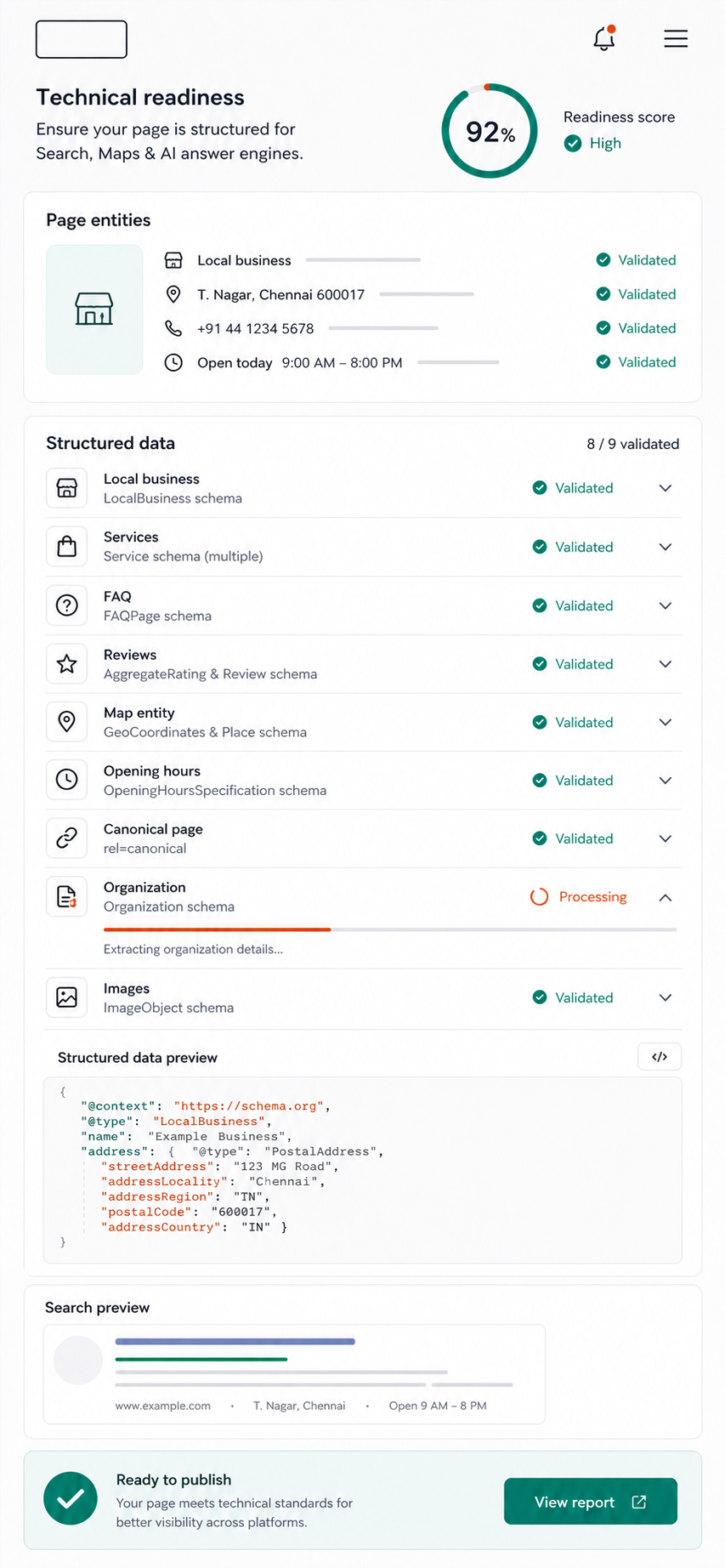 Technical readiness and structured data validation screen