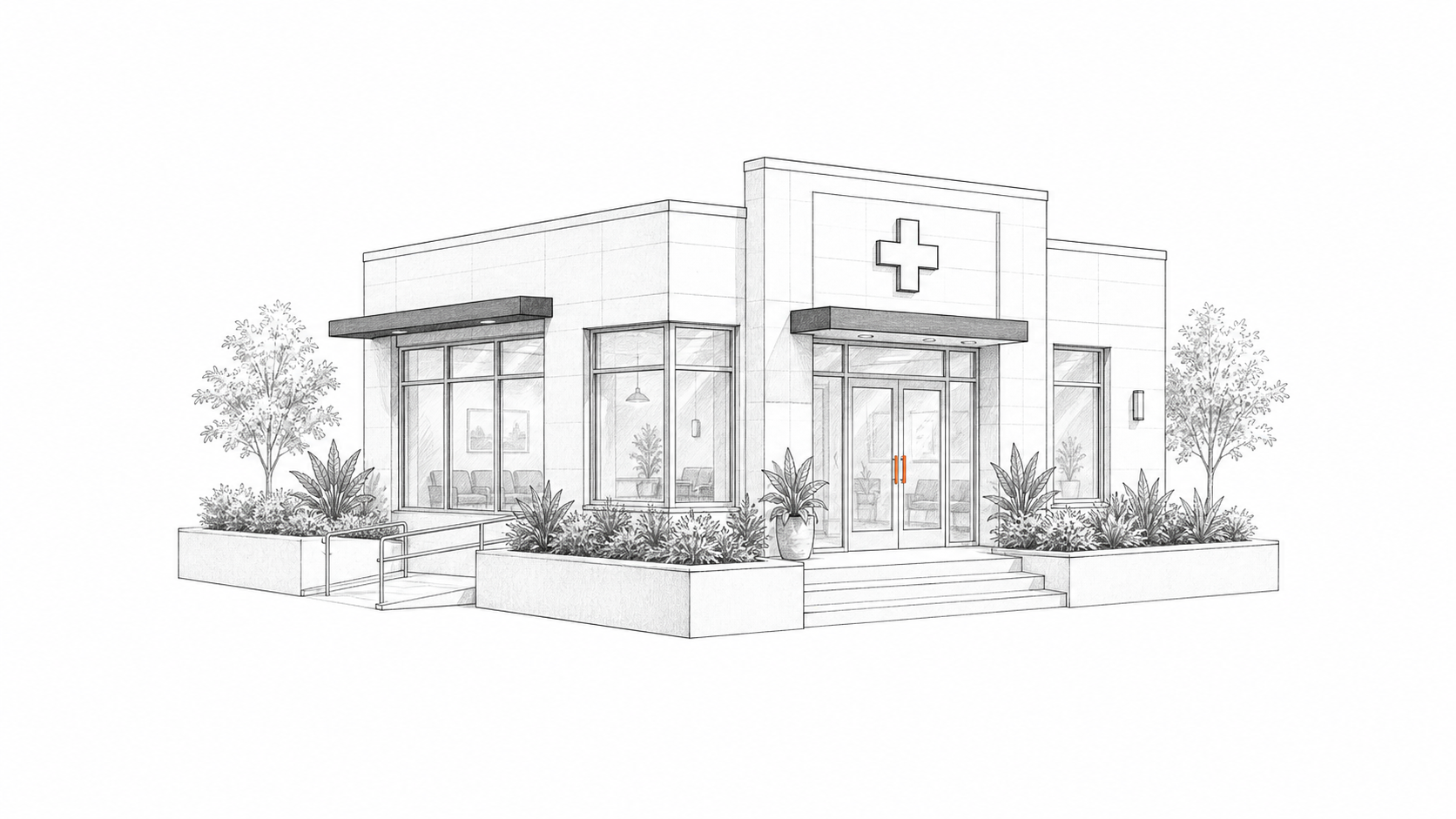 Line illustration of a modern local clinic